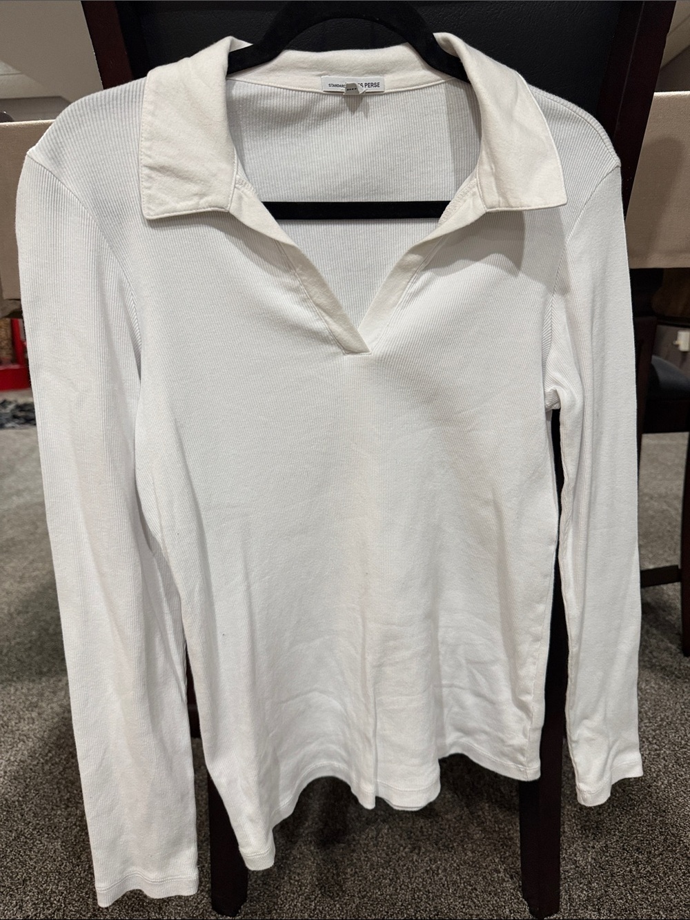 James Perse White Ribbed Long-Sleeve Polo Top